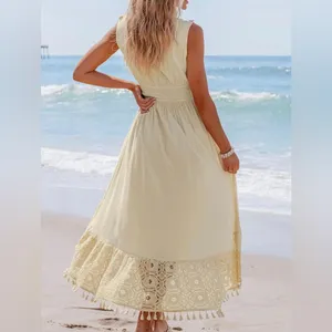 CUPSHE Cream V Neck Sleeveless Lace Tassel Smocked Waist Maxi Dress Size M thumbnail 3
