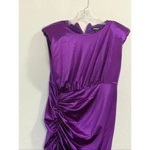 Purple Express Satin Padded Shoulder Ruched Asymmetrical Mini Dress L thumbnail 5
