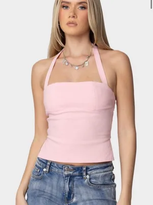 EDIKTED Dara Halter Top Baby Pink Summer Sleeveless Crop Festival Coquette XS thumbnail 1