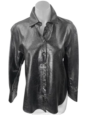 Zara Women's Black Faux Leather Vegan Croc Long Sleeve Button Up Jacket Size S thumbnail 1