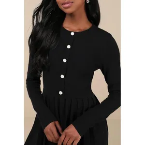 Lulus Black Ribbed Knit Button Front Pleated Skirt‎ Dress Size M thumbnail 4