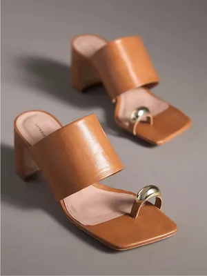 NWOB Anthropologie Tan Leather Block Heel Toe-Ring Slides with Gold Accents thumbnail 1