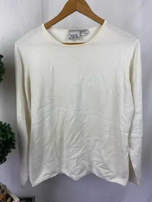 Northeast Knitters NEK Ivory Cream Knit Long Sleeve Crew Neck Sweater Top L thumbnail 2