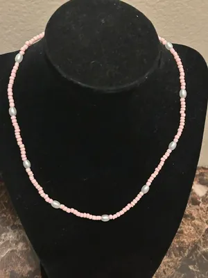 Pink and faux pearl boho bead necklace thumbnail 1