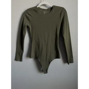 Nuuds Long Sleeve Cotton Jersey Crew Neck Thong Style Bodysuit Dark Olive Size M thumbnail 9