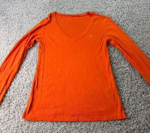 Polo Ralph Lauren Women Orange V-Neck Long Sleeve T-Shirt Cotton Pony Logo thumbnail 1
