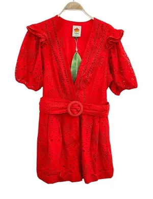 NEW Farm Rio Eyelet Beaded Belt Romper Red Short Sleve Broderie anglaise cotton thumbnail 1