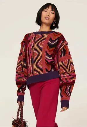 Farm Rio Patches Stripe Sweater Medium thumbnail 1