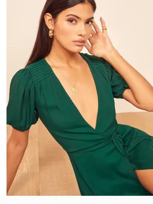Reformation Augustina Plunge Neck Dress in Emerald Green thumbnail 2