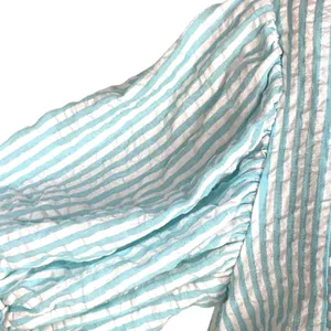 &merci Aqua White Striped Seersucker Tiered Mini Dress S Half Button Puff Sleeve thumbnail 5