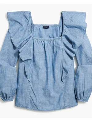 J. Crew Chambray Ruffle Square Neck Long Sleeve Top Blouse Blue Size Med BK626 thumbnail 2