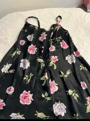 Floral Satin Slip Chemise in Black with Pink & Lavender Roses thumbnail 4