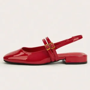 Red patent faux leather square toe double strap buckle strappy flats thumbnail 3