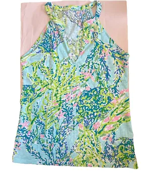 Lilly Pulitzer Blue Green Pink Coral Print‎ Cotton Halter V-Neck Tank Top Small thumbnail 1