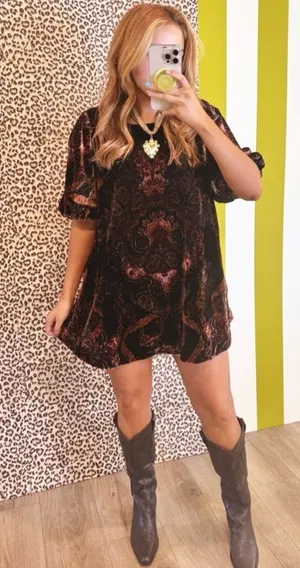 Free People Maye Print Puff Sleeve Velvet Tunic Top M thumbnail 1
