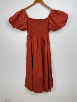 Petal + Pup Rust Orange Smocked Puff Sleeve Cotton Midi Dress Womens‎ Size 4 thumbnail 1