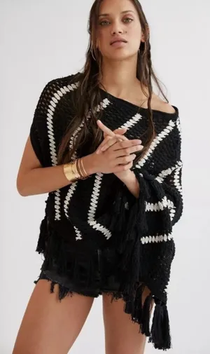 Anthropologie Black and White Crochet One Shoulder Poncho NWT Boho Grannycore thumbnail 1
