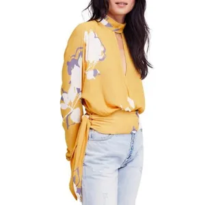 Free People‎ Say You Love Me Yellow Floral Mock Neck Keyhole Wrap Blouse Small thumbnail 2
