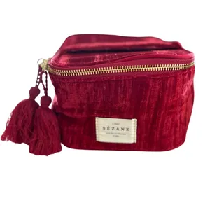 Sézane Crushed Red Velvet Cotton Lined Tassel Zipper Travel Case thumbnail 2