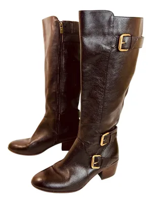 Isola Dark Brown Leather Riding Boots, Stacked Heels, Brass Buckles, size 9.5 thumbnail 2