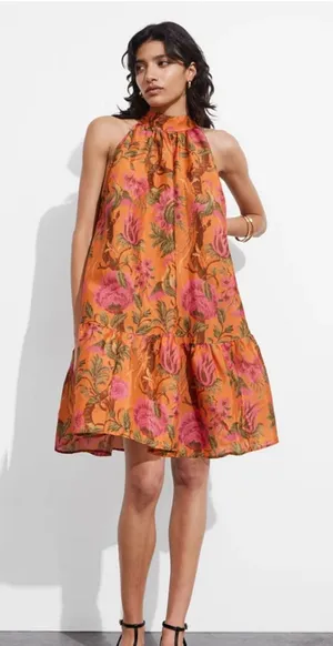 & Other Stories Womens Linen Blend Floral Bow Detail Tiered Trapeze Mini Dress 8 thumbnail 1