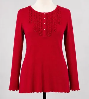 Lauren Ralph Lauren Red Thermal Waffle Knit Ruffle Henley Top Womens Size Medium thumbnail 1
