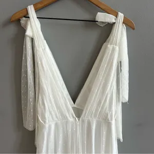 NWT One and Only Collective Tie Shoulder Mesh Tulle Dress Deep V Midi White Gown thumbnail 8