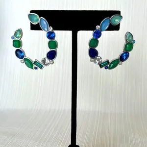 Jewelry Set- Silver Tone with Blue and Green Crystals Necklace and Earring thumbnail 5