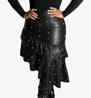 Faux leather pearl detail asymmetrical ruffle skirt thumbnail 1