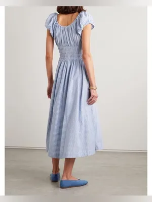 Doen Quinn Tie-Detailed Shirred Striped Organic Cotton-Poplin Midi Dress,Blue,M thumbnail 2
