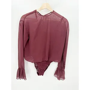 Hot As Hell Mama Jen Bodysuit Top Womens S Wine Sheer Lace Open Back Y2K thumbnail 2