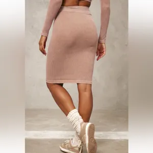 NWT PrettyLittleThing Contour Rib Brown Washed Midaxi Skirt | Size L thumbnail 2