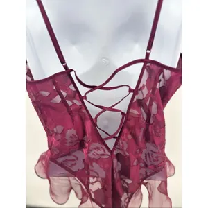 Vintage Victorias Secret Satin Teddy Lingerie Gold Label Maroon Floral Size M thumbnail 9