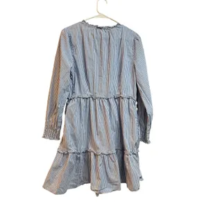 J. Crew Women's Size 12‎ Blue Striped Tiered Ruffle Long Sleeve Dress thumbnail 3