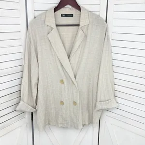 Zara Crinkled Look Slouchy‎ Blazer Tan Medium Linen Blend Double Breasted thumbnail 8