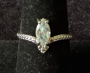 Marquise Clear Stone Ring with Textured Chevron Milgrain Band - Silvertone Sz 8 thumbnail 1