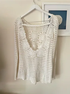 Free People Long Sleeve Filet Crochet Pullover Knit Sweater Tunic Medium thumbnail 5