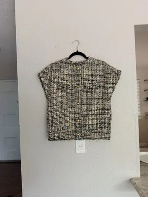Zara collection black gold sequin tweed button down short sleeve blouse XS S thumbnail 3