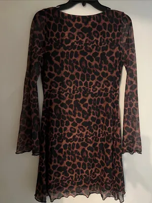 Leopard Print Bell Long Sleeve Sheer Dress - Brown Animal Print Y2k Mesh Sheer thumbnail 7