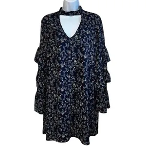 LE LIS Navy‎ Floral Long Sleeve Tiered Ruffle Trim Mini Shift Dress NWOT Large thumbnail 2