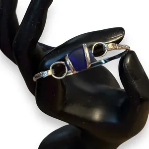 Blue Sea Glass Hinged Bangle Bracelet Silver thumbnail 2