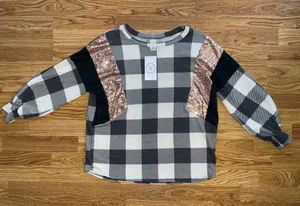 7th Ray Gracie Sequin Plaid Top Women’s Size Medium Oversized Gray Cream Color thumbnail 1