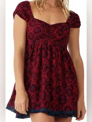 FREE PEOPLE Tabitha Smocked Mini Dress MEDIUM Red Navy Blue Floral thumbnail 10