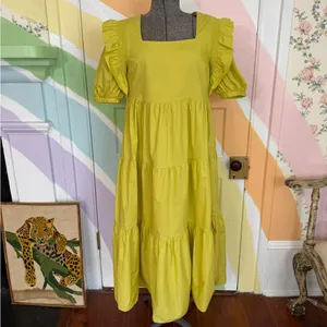 English Factory Chartreuse Square Neck Flutter Sleeve Tiered Midi Dress Sz S 🧡🍄 thumbnail 3