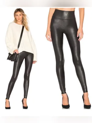 SPANX Faux Leather High-Waist Leggings - Black Athleisure Athletic Size: Large thumbnail 2