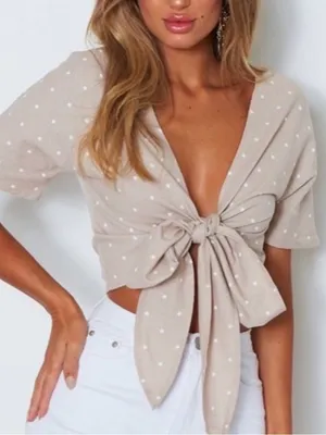 White Fox Boutique Crop Top Front Tie Beige White Stars thumbnail 1