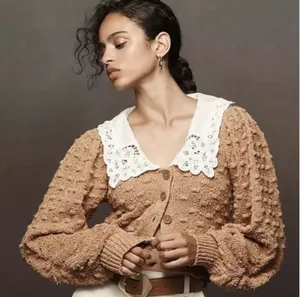 Anthropologie Cottage Balloon Sleeve Battenberg Lace Collared Cardigan Sweater L thumbnail 1