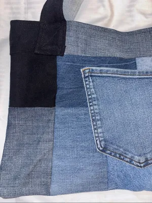 Denim Tote Bag Made Up Of All Different Swatches Of Denim Pocket On The Outside thumbnail 6