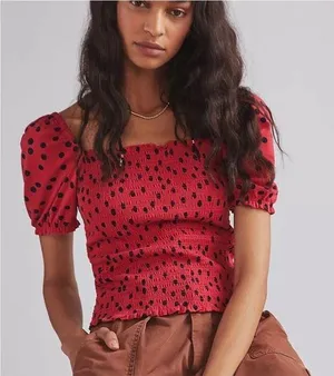 Anthropologie Dolan Polka Dot Smocked Puff-Sleeved Boho Top - Size Medium thumbnail 1