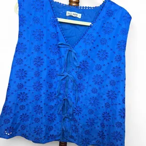 Boho ✨Royal Blue Lace Eyelet Bow Tie Vest Tank Top 2XL 💙 🎀 thumbnail 2